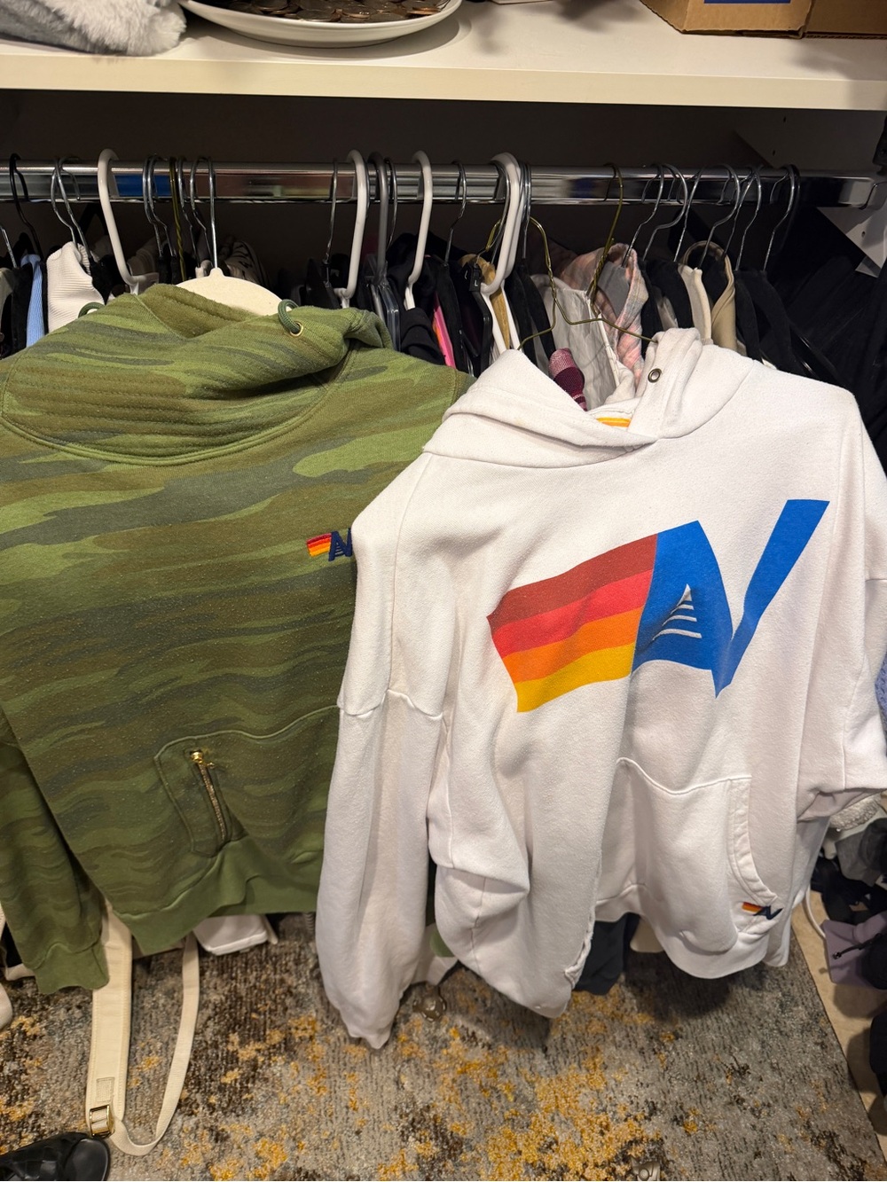 Aviator Nation White Hoodie with Rainbow 'AV' Logo and camo both m